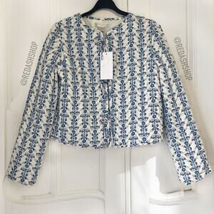 CAROLINE CONSTAS NWT Quilted Floral Bow Front Linen Blend Jacket Size L